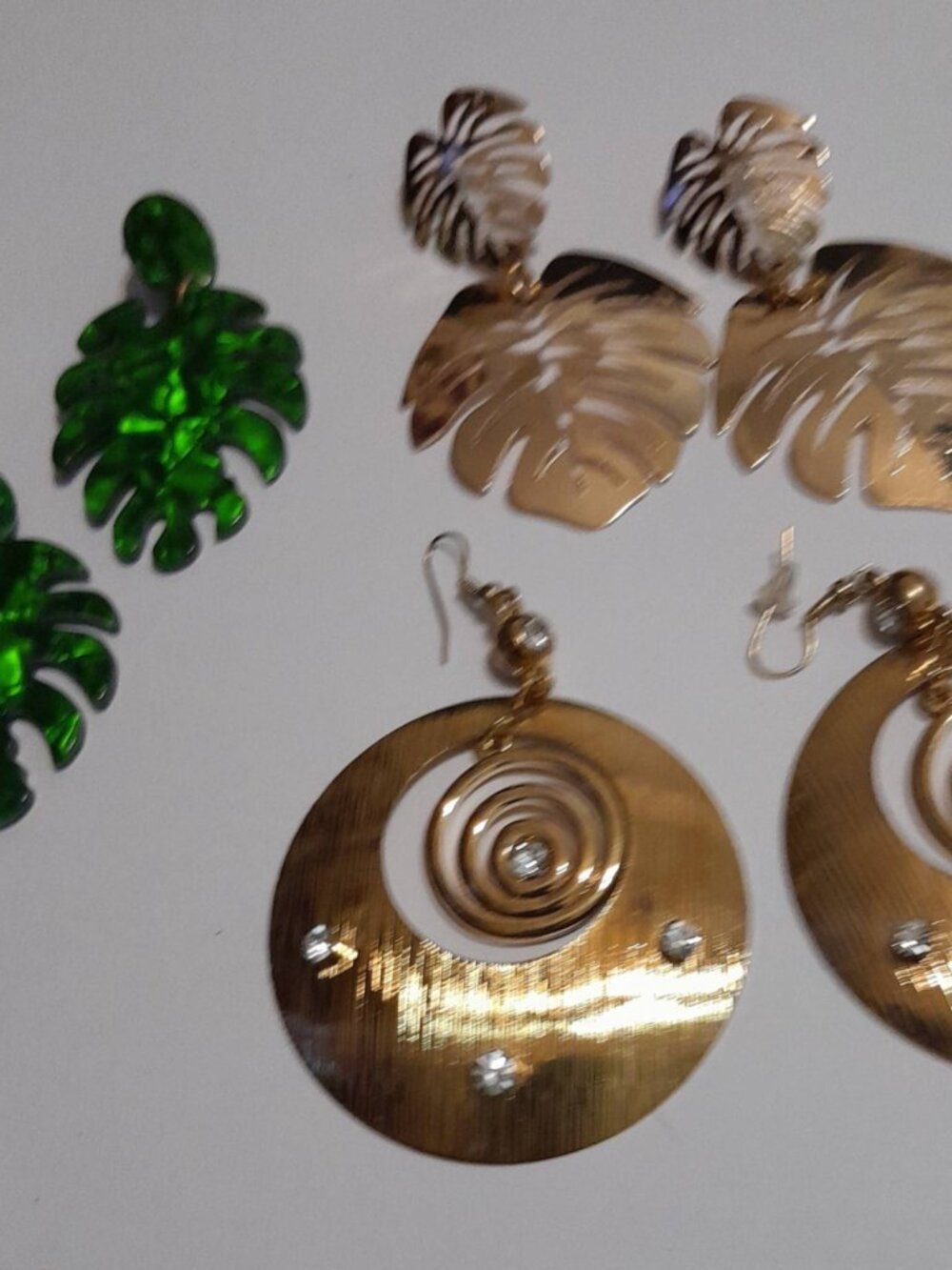 3-Pair Statement Earring Bundle – Green & Goldtone Leaves + Sparkling Discs
